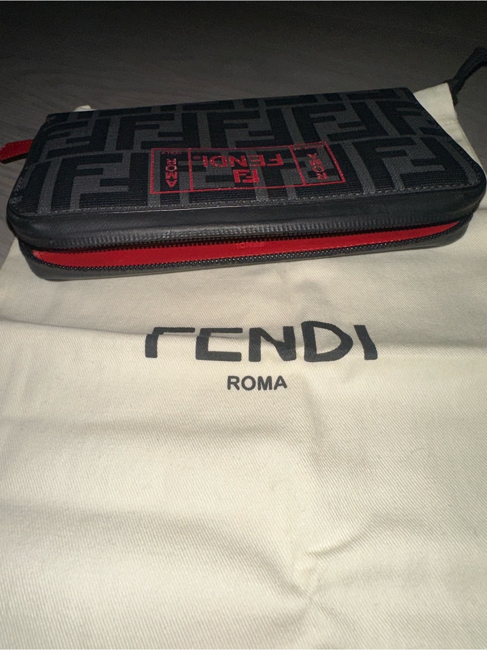Fendi Black Zucca Canvas Zip Wallet with Red Logo Accent - Picture 7 of 7